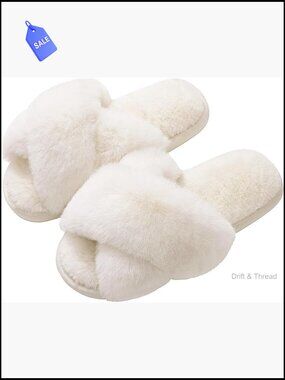 Fuzzy Cross Band Open Toe Slippers with Memory Foam, Non-Slip EVA Sole,